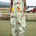 Women's  Funny  Bird Art Print Casual 100% Cotton Wide Leg Jumpsuit