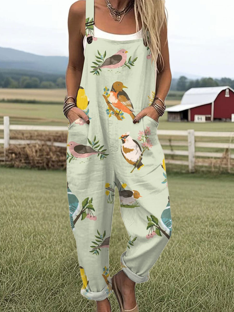 Women's  Funny  Bird Art Print Casual 100% Cotton Wide Leg Jumpsuit