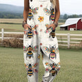 Women's Lovely Bees Art Print Casual 100% Cotton Wide Leg Jumpsuit