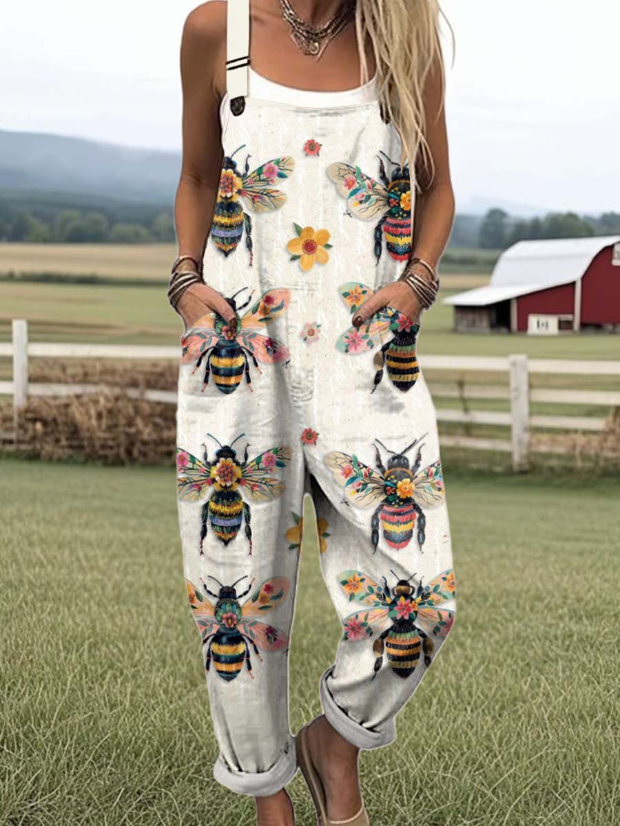 Women's Lovely Bees Art Print Casual 100% Cotton Wide Leg Jumpsuit