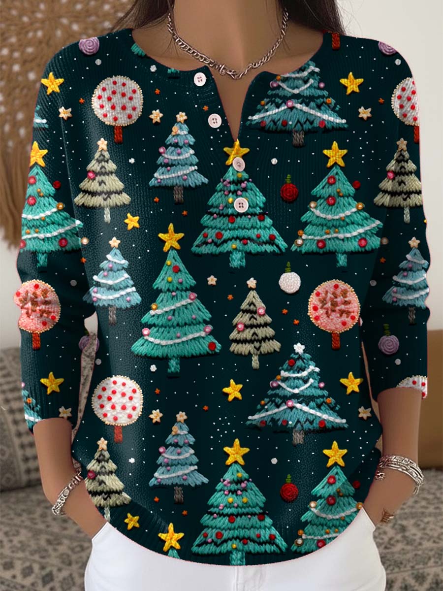 Women's Christmas Tree Art Print Buttoned Cardigan Sweater