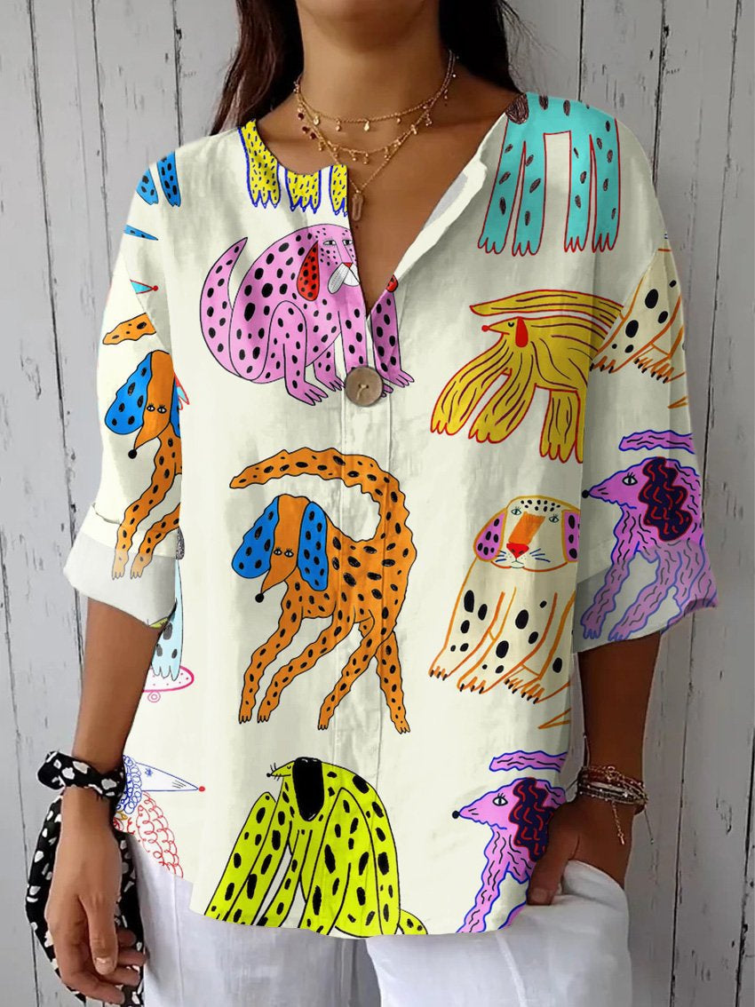 Women's Dog Art Print  Casual Cotton Linen Shirt