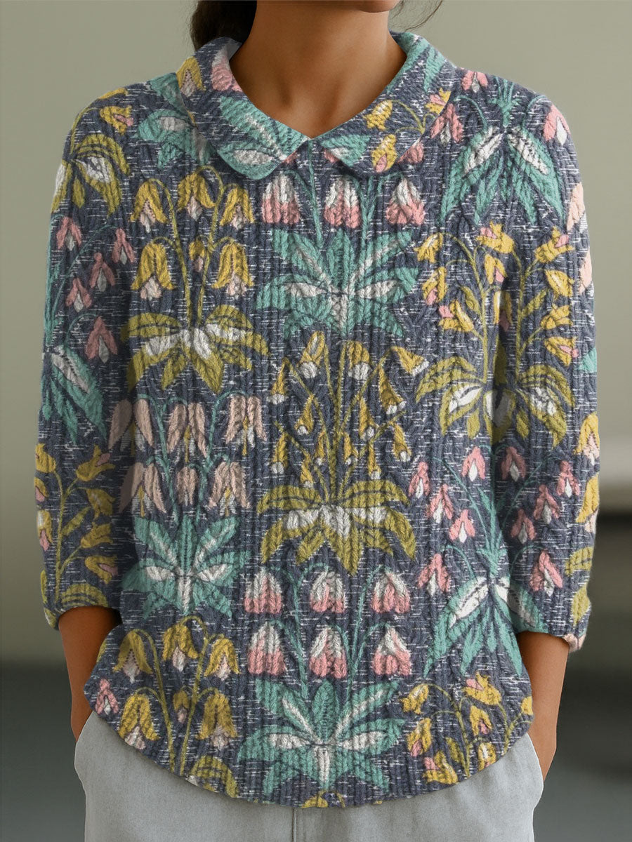 womens-vintage-flower-art-print-casual-peter-pan-collar-3-4-sleeve-sweater-soq1