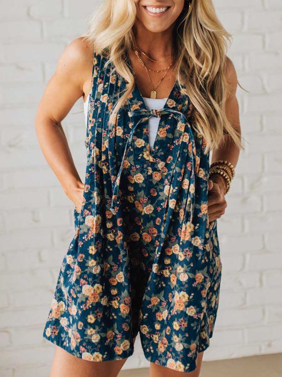 Women's Floral Print Lace-Up Pleated Jumpsuit