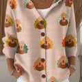 Women's Thanksgiving Retro Turkey Art Printed Casual Hooded Button Sweater