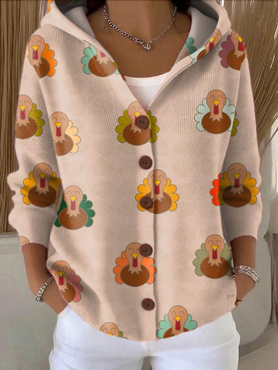 Women's Thanksgiving Retro Turkey Art Printed Casual Hooded Button Sweater