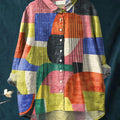 Women's Abstract Geometric Pattern Art Print Casual Cotton And Linen Ruffle Shirt