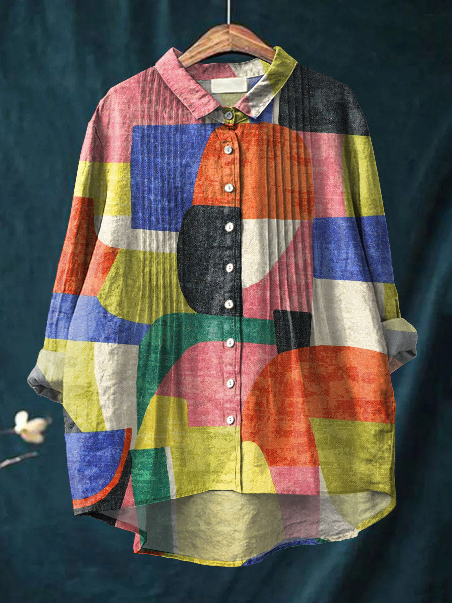 Women's Abstract Geometric Pattern Art Print Casual Cotton And Linen Ruffle Shirt