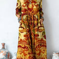 Women's Vintage Ethnic Geometric Floral Art Print Linen Pocket Tunic Dress
