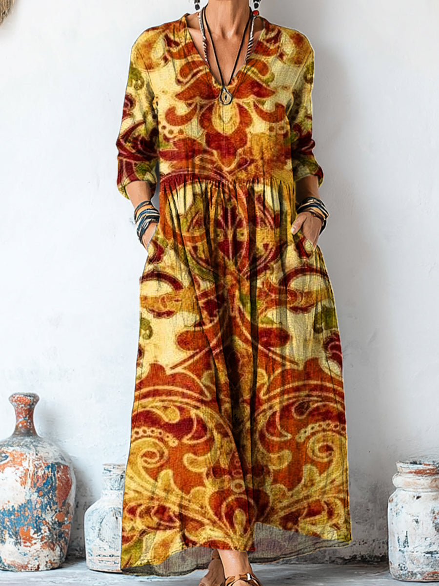 Women's Vintage Ethnic Geometric Floral Art Print Linen Pocket Tunic Dress