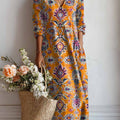 Robe à poches en coton et lin imprimé floral vintage pour femme 