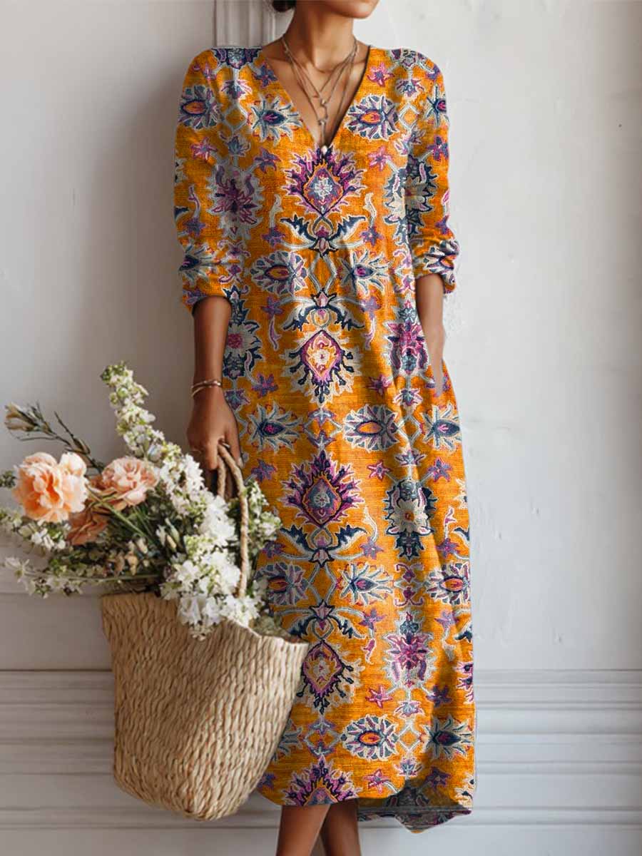 Women's Vintage Floral Pattern Art Print Cotton And Linen Pocket Dress