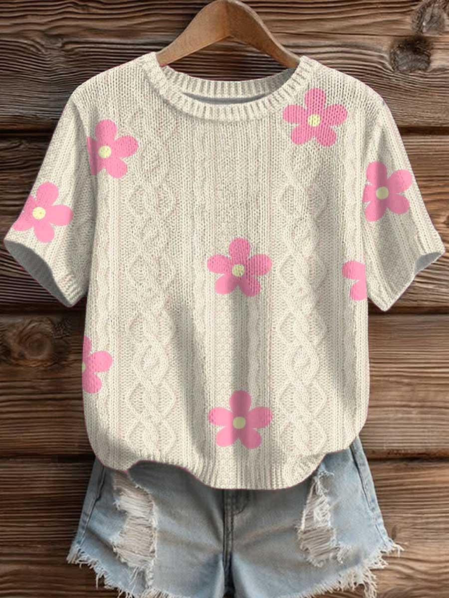 womens-floral-art-print-casual-crew-neck-short-sleeve-knitted-sweater-118b