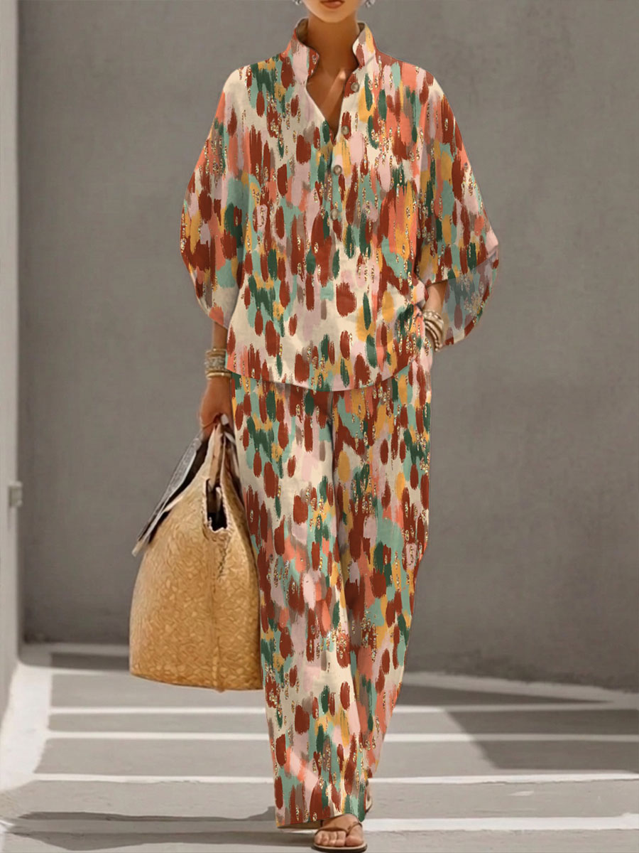Women's Abstract Print Casual Cotton-linen Two-piece Set