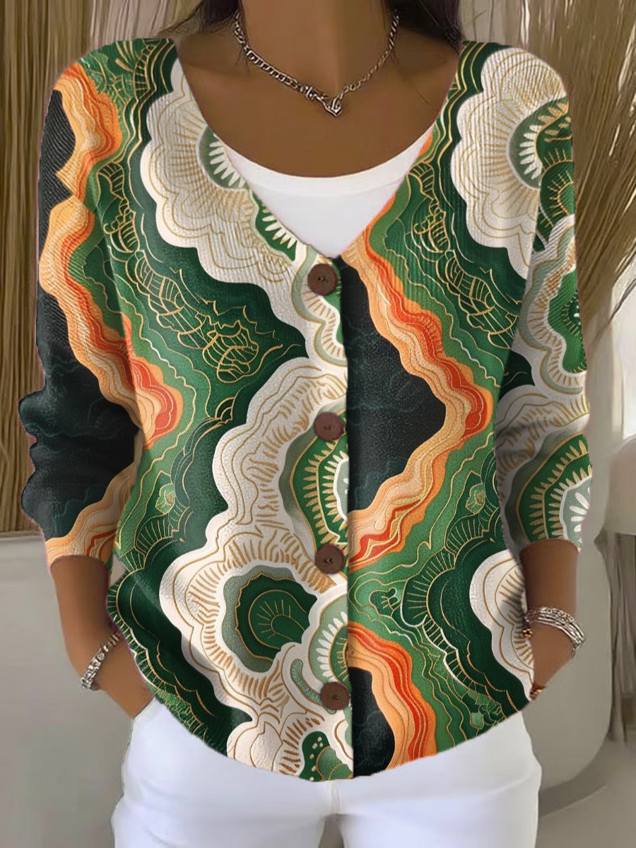 irregular-waves-print-buttoned-v-neck-cardigan-sweater