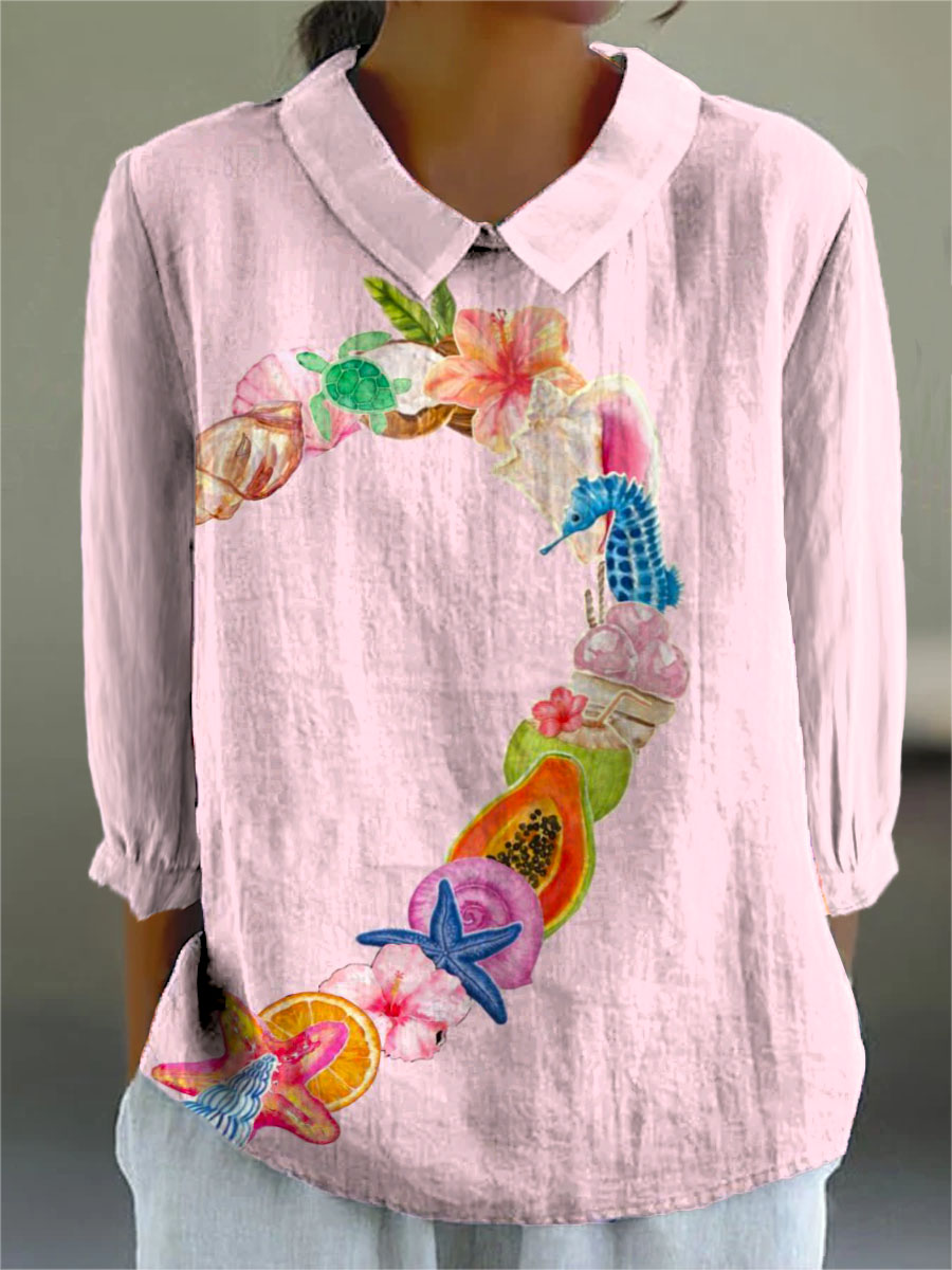 Women's Pink Ocean Print Casual Cotton And Linen 3/4 Sleeve Shirt