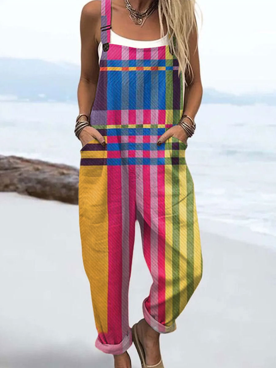 Women's  Vintage Abstract Geometric Art Print Casual 100% Cotton Wide Leg Jumpsuit