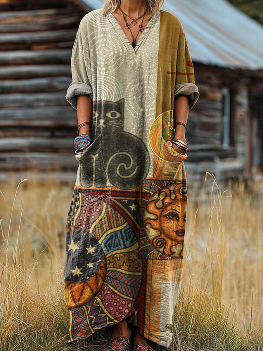 Women's Vintage Abstract Sun Cat Illustration Art Print Pocket V-neck Cotton Dress