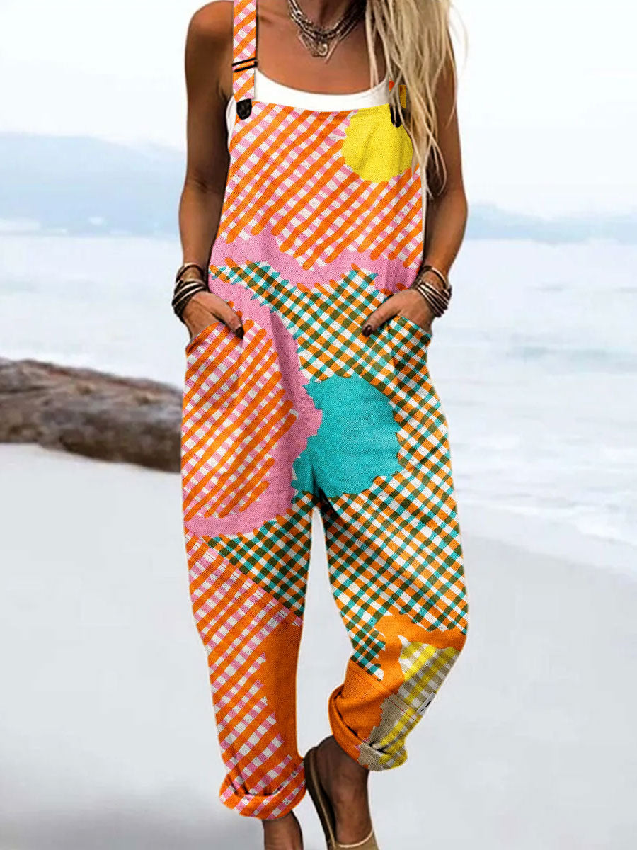 Women's Vintage Abstract Geometric Lines Print Casual 100% Cotton Wide Leg Jumpsuit