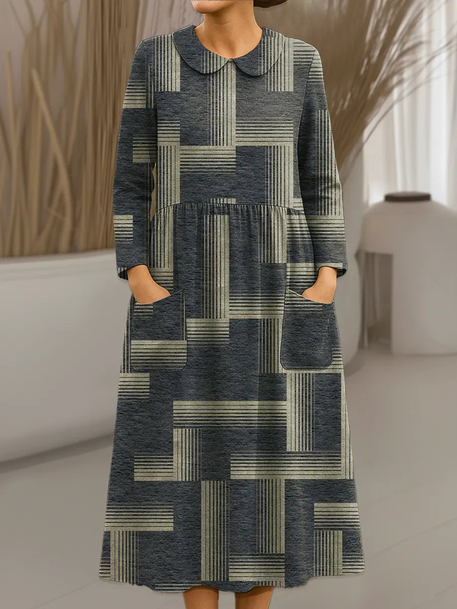 Women's Vintage Abstract Geometry Art Print Cotton Lapel Button-Down Shirt Dress