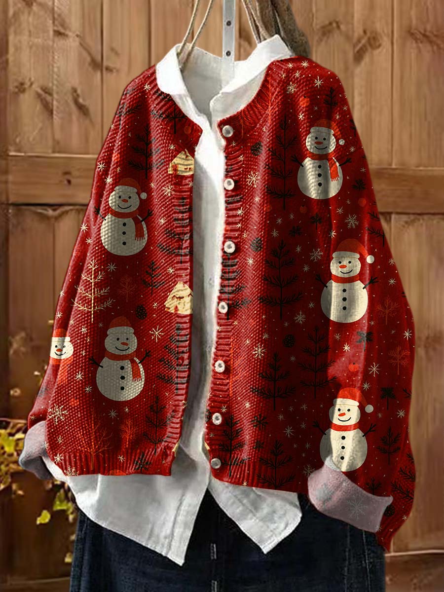Women's Christmas Print Crew Neck Long Sleeve Casual Loose Cardigan Sweater