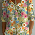 Women's Floral Art Print Casual Stylish Cotton Linen Shirt