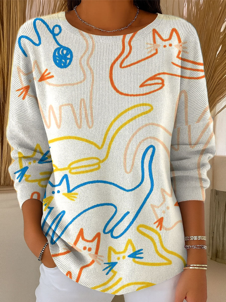 womens-vintage-cat-art-print-casual-pullover-sweater