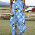 Women's  Vintage Bee Flower Art Print Casual 100% Cotton Wide Leg Jumpsuit