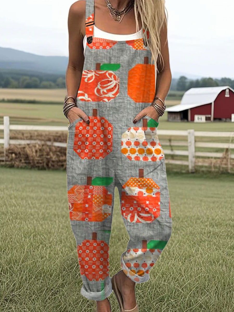 Women's  Autumn Pumpkin Vintage Art Print Casual 100% Cotton Wide Leg Jumpsuit