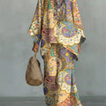 Women's Vintage Ethnic Floral Art Comfortable Loose Cotton Linen Wide-leg Pants Two-piece Set