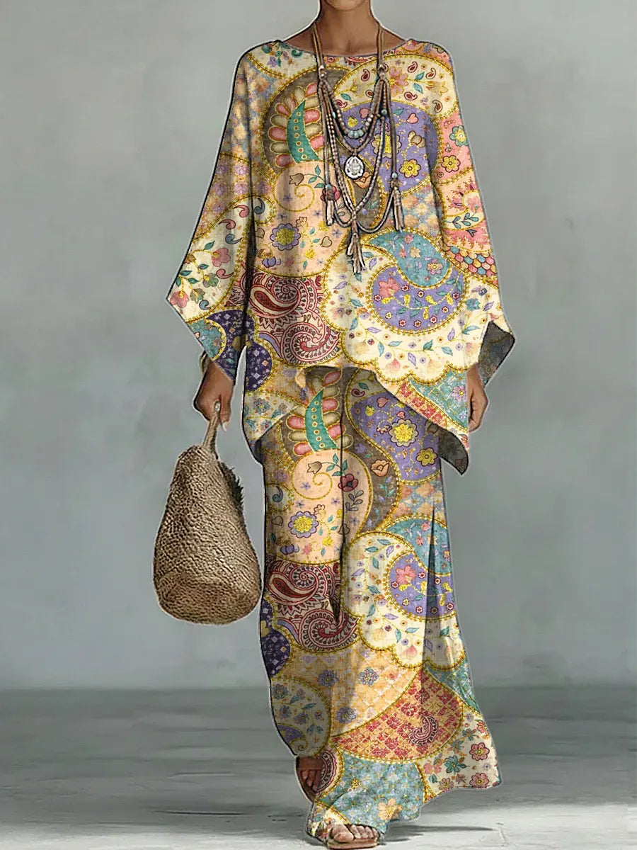 Women's Vintage Ethnic Floral Art Comfortable Loose Cotton Linen Wide-leg Pants Two-piece Set