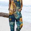 Women's Abstract Pattern Art Print Casual 100% Cotton Wide Leg Jumpsuit