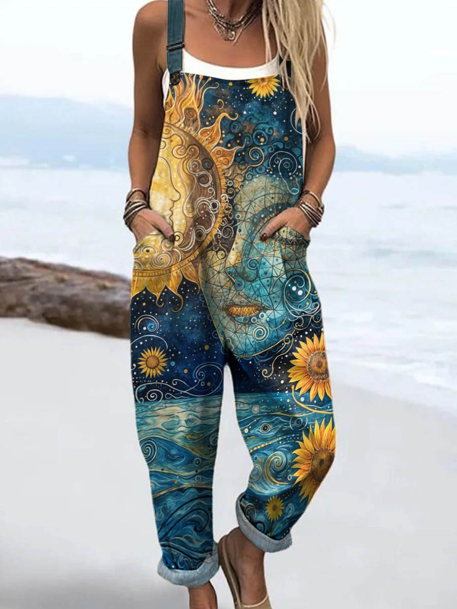 Women's Abstract Pattern Art Print Casual 100% Cotton Wide Leg Jumpsuit