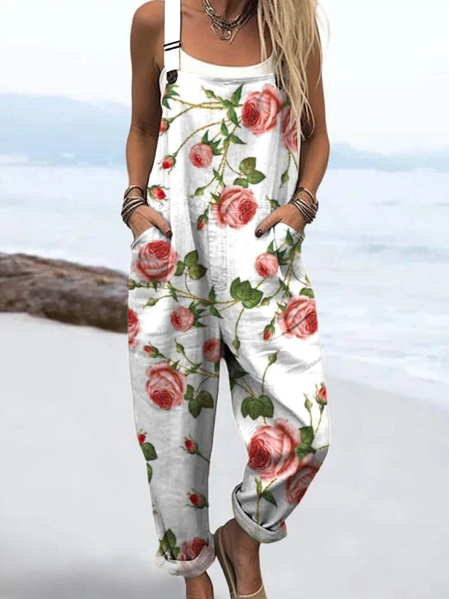 Women's Lovely Floral Pattern Art Print Casual 100% Cotton Wide Leg Jumpsuit