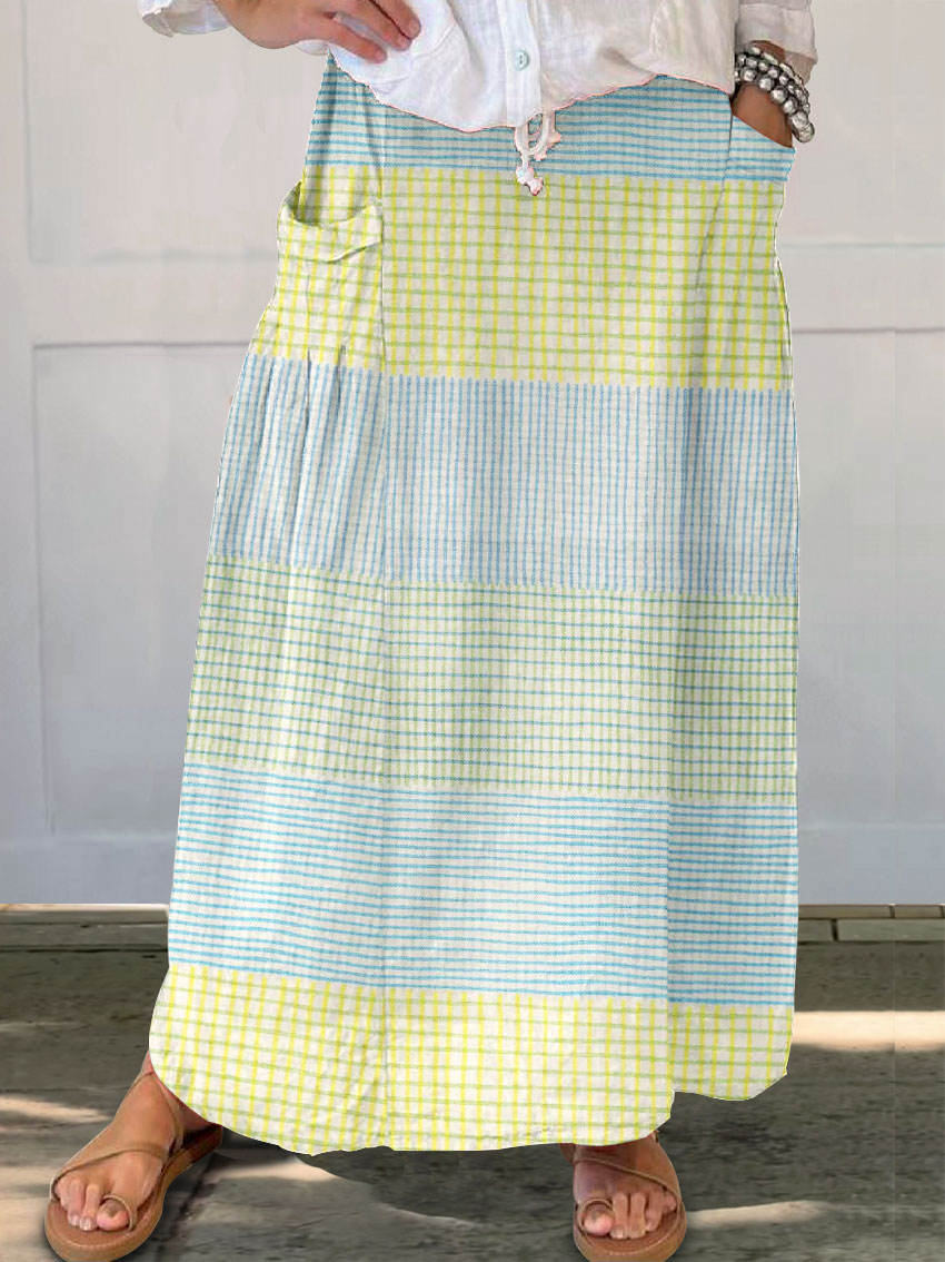 Women's Vintage Abstract Geometric Line Art Print Linen Pocket Skirt