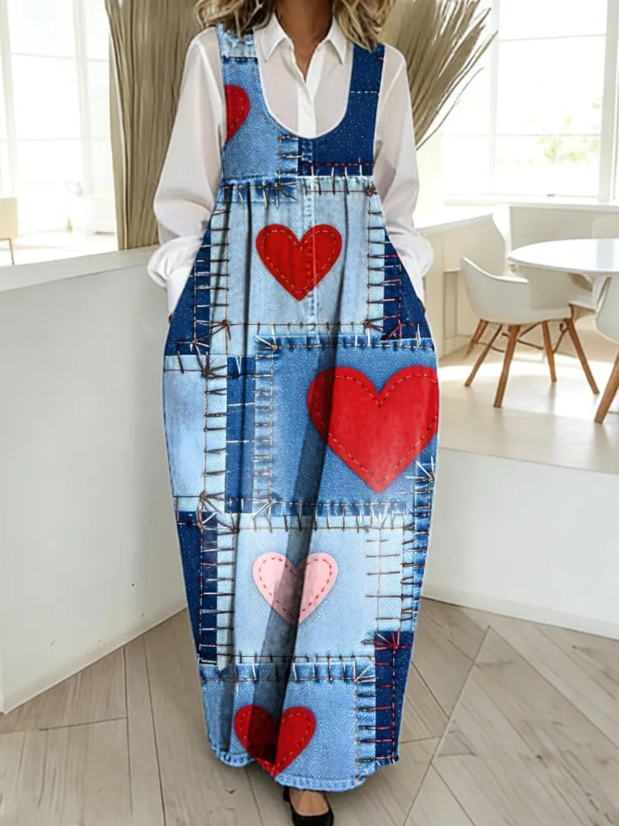 Women's Valentine's Day Heart Pattern Art Print Casual Cotton Denim Dress