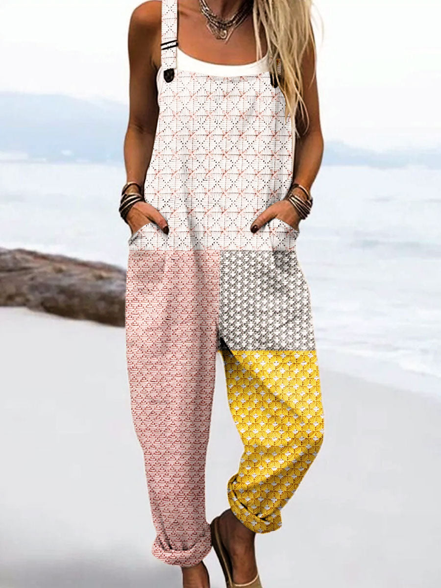 Women's Vintage Abstract Geometric Line Art Print Casual 100% Cotton Wide Leg Jumpsuit