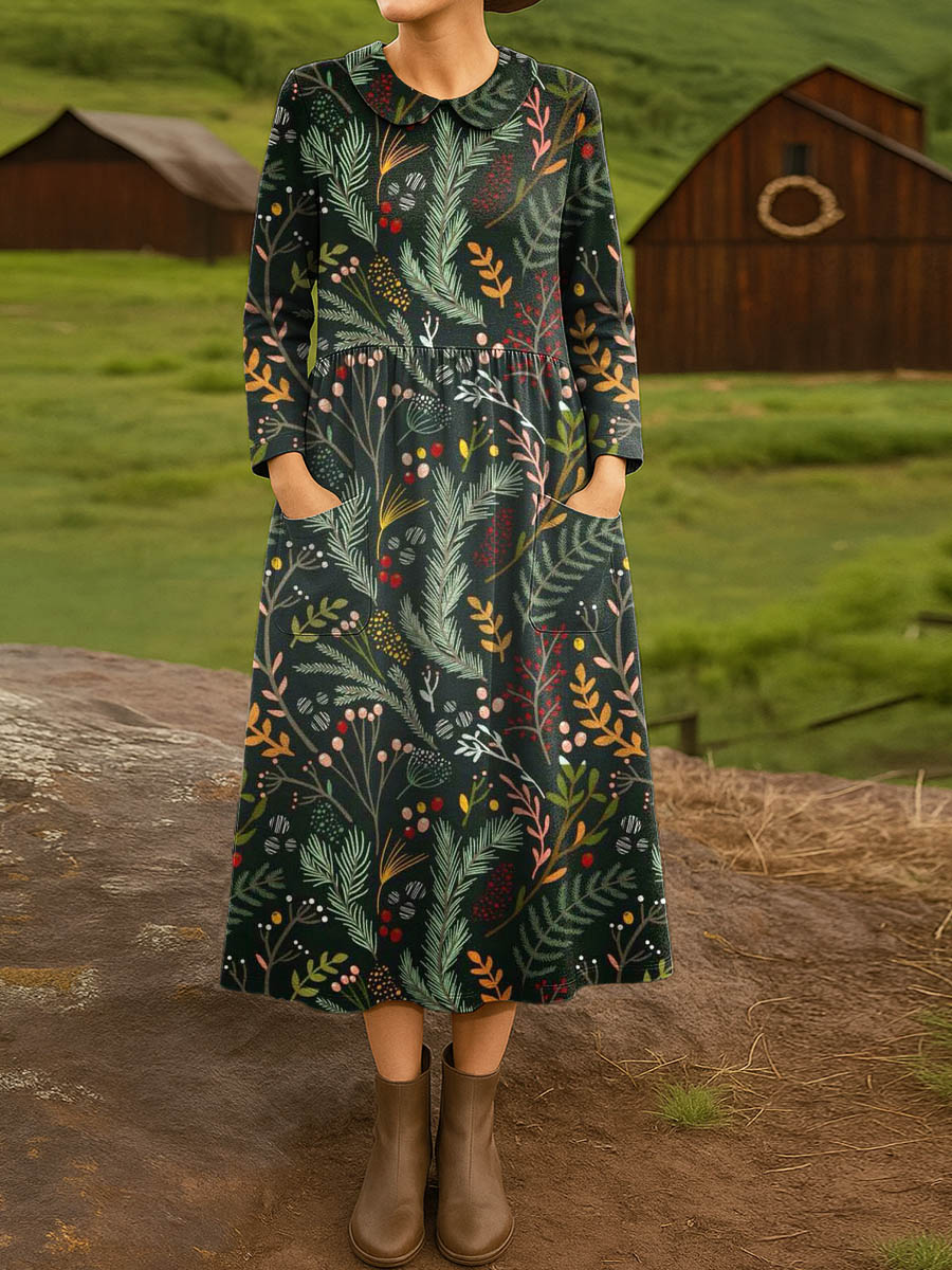 Women's Vintage Floral Art Print Cotton Lapel Shirt Dress