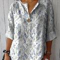 Spring Delphinium Floral Pattern Printed Women's Casual Cotton Linen Shirt