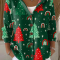 Women's  Christmas Tree Art Printed Casual Hooded Button Sweater