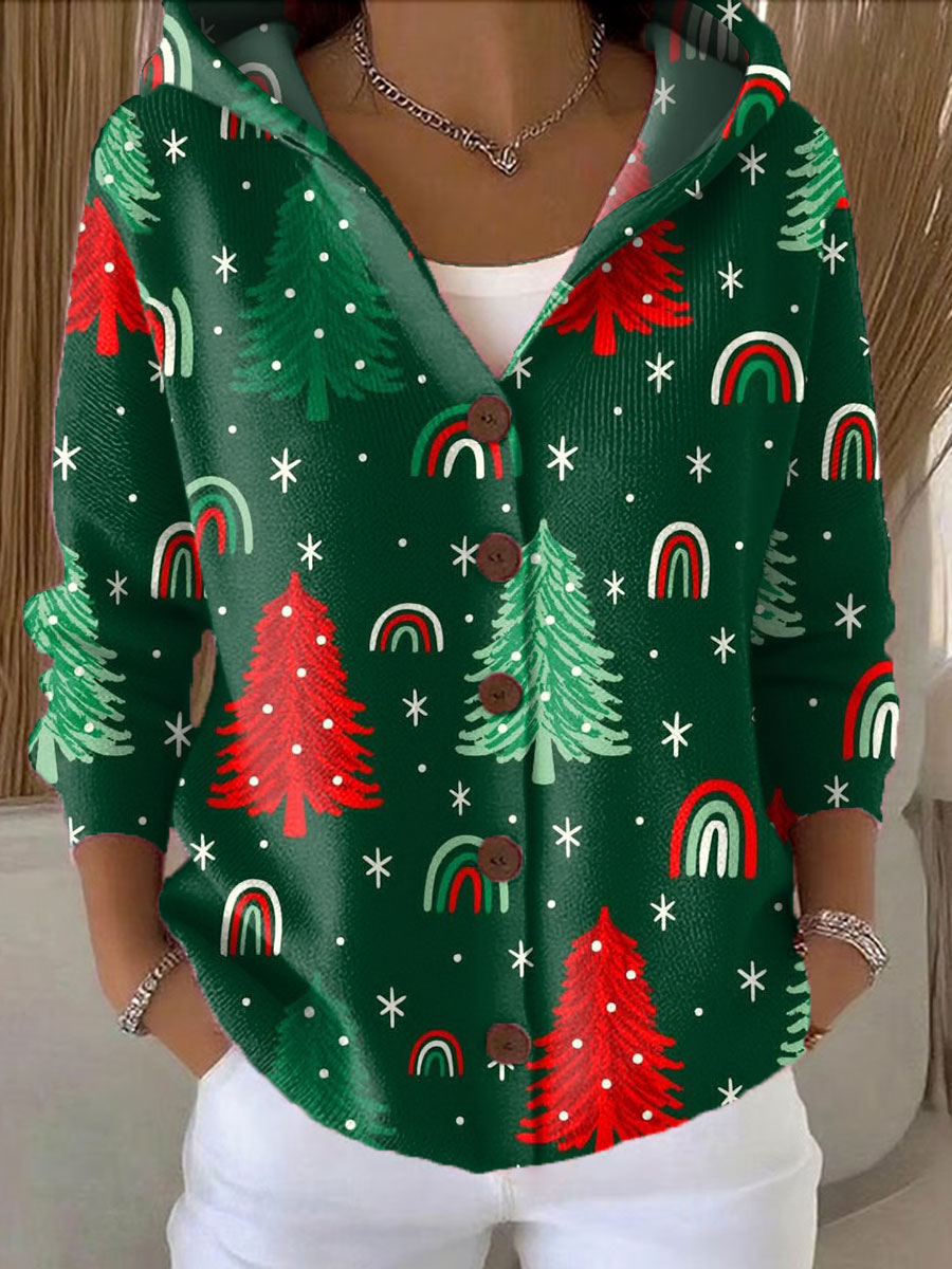 Women's  Christmas Tree Art Printed Casual Hooded Button Sweater