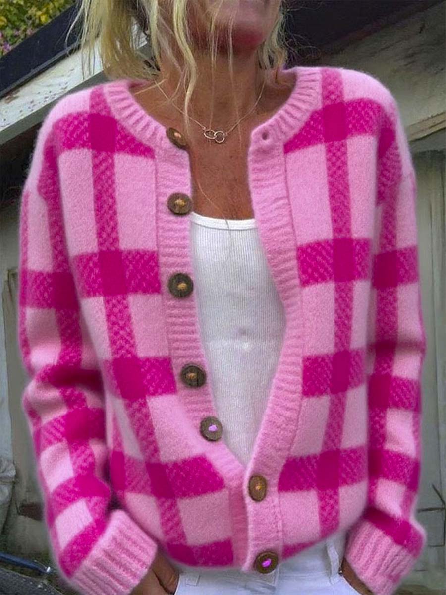 womens-pink-plaid-pattern-art-print-buttoned-cardigan-sweater-8ffj