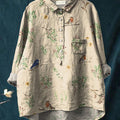 Boughs And Robin Birds Pattern Printed Women's Casual Cotton And Linen Shirt