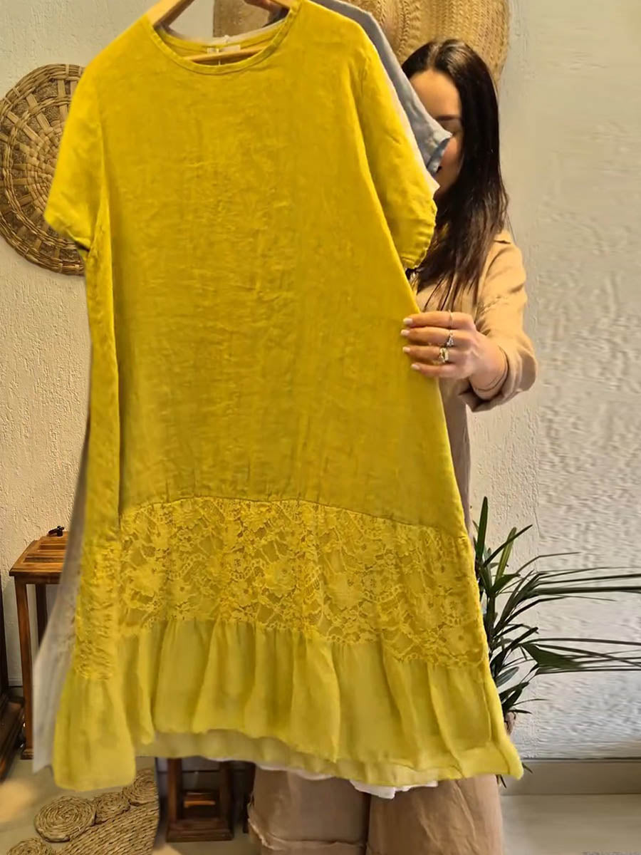 Women's Solid Color Round Neck Short Sleeve Lace Panel Casual Cotton and Linen Dress