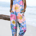 Women's Lovely Floral Art Print Casual 100% Cotton Wide Leg Jumpsuit
