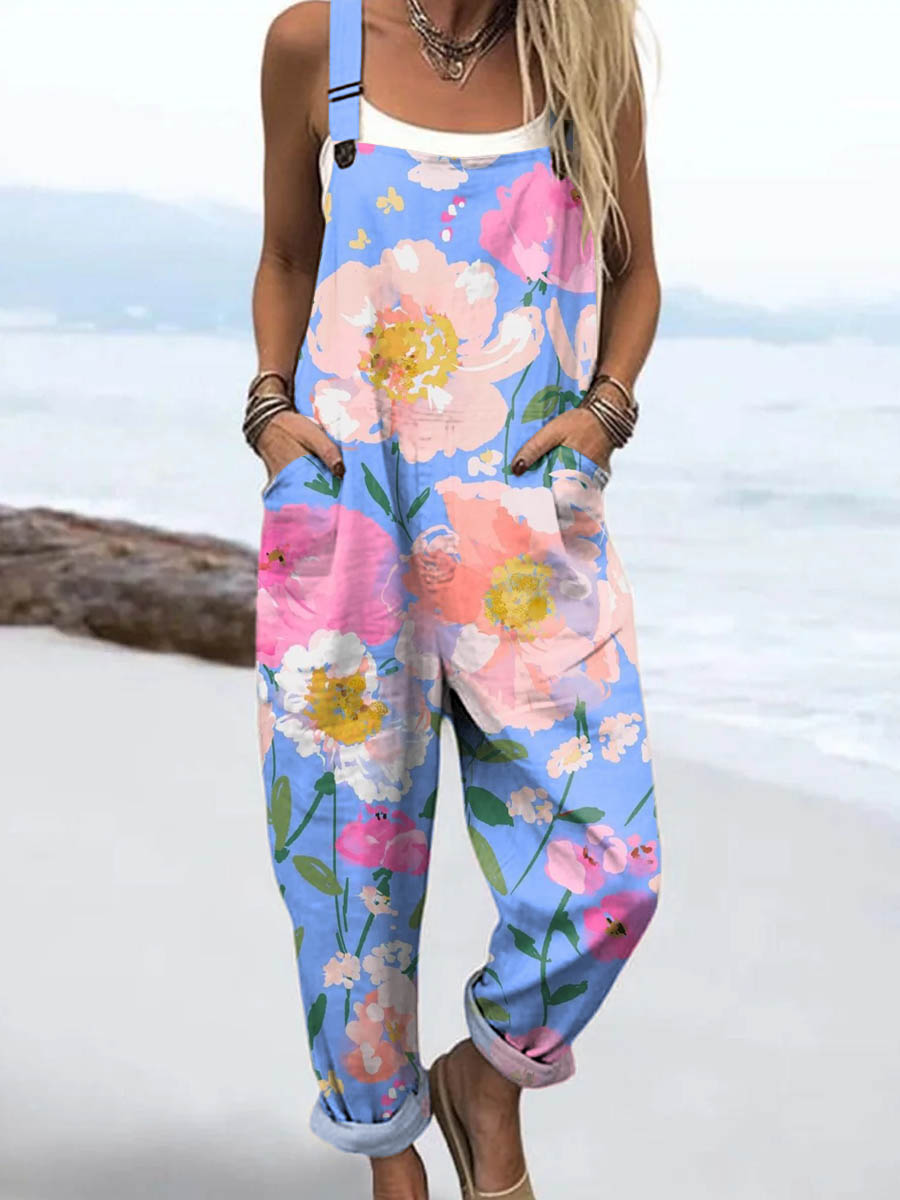 Women's Lovely Floral Art Print Casual 100% Cotton Wide Leg Jumpsuit