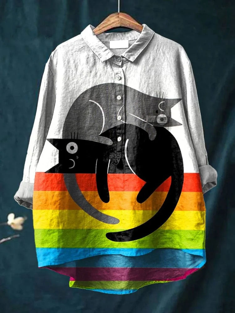 Women's Cat  Art Print Casual Cotton And Linen Shirt