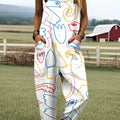 Women's Simple Abstract Bird Art Print Casual 100% Cotton Wide Leg Jumpsuit