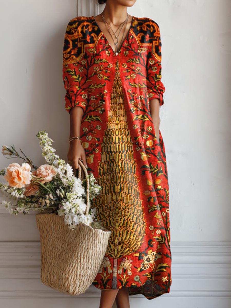 Women's Vintage Floral Art Print Casual Cotton Linen Pocket Dress