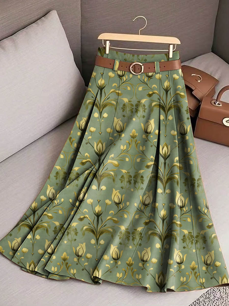 Women's Retro Floral Art Print Casual Cotton Skirt